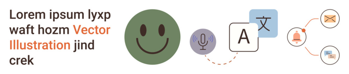 Multilingual services, translation tools, speech recognition, language apps, communication systems, digital workflow. happy face, microphone translation icons. Multilingual services and translation