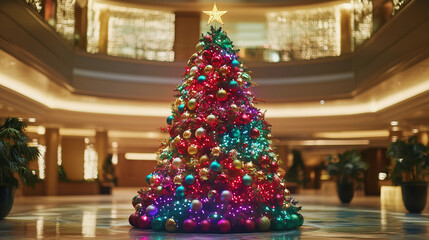 A grand christmas tree, brightly lit with colorful ornaments, stands in a luxurious hotel lobby
