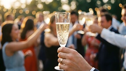 Celebratory Toast with Champagne at Outdoor Party.