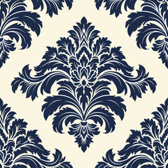 Seamless vintage floral pattern design with black ornate damask swirls and nature leaf elements for an elegant wallpaper vector illustration