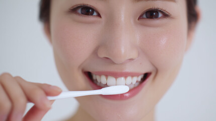 美しい女性が歯ブラシをもって歯磨きをしようとしている写真