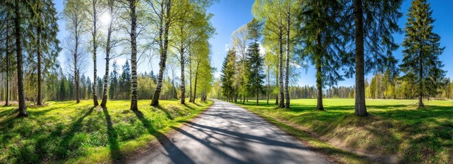 Obraz premium Scenic Road Through Green Forest With Sunlight And Blue Sky In Spring Season Nature Landscape With Trees And Grass On Sunny Day Panorama View