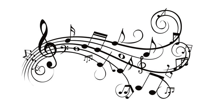 Music notes wave with curves, swirls vector illustration. waves of musical notes and songs 