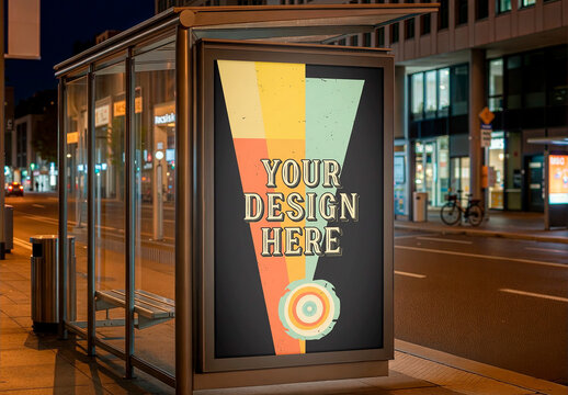 Bus Stop Billboard Mockup In The City At Night
