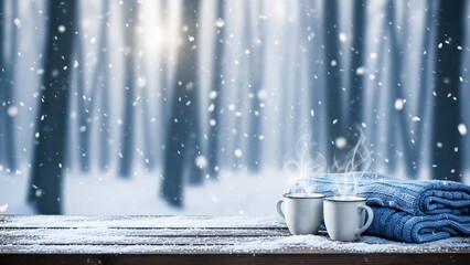 Cozy winter scene with steaming mugs and soft blanket on wooden table in snowy forest with bokeh background