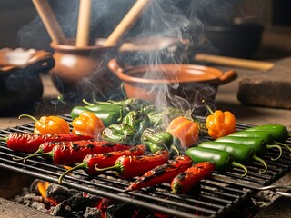 Assorted colorful peppers being grilled on a barbecue with smoke rising into the air
