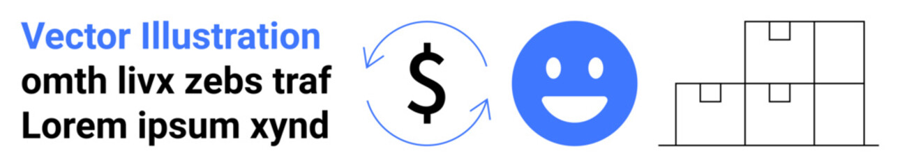 Fototapeta premium Financial transactions, customer experience, logistics, supply chain, business operations, e-commerce. Circular dollar sign, happy face stacked boxes. Financial transactions and customer experience