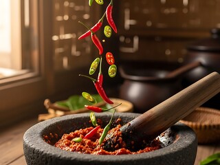 Spices being tossed into a mortar with a pestle on a wooden table