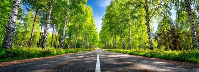 Obraz premium Scenic Asphalt Road Through Birch Tree Forest With Sunlight And Blue Sky Summer Landscape Travel Photography Outdoor Nature Background Scenic Drive