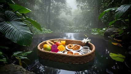 A serene forest scene with a wicker basket floating on a tranquil river, surrounded by lush greenery and vibrant fruits