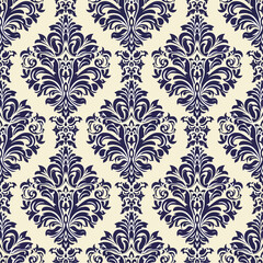 Vintage floral damask seamless pattern with baroque ornament elements and antique textile texture for decorative wallpaper design