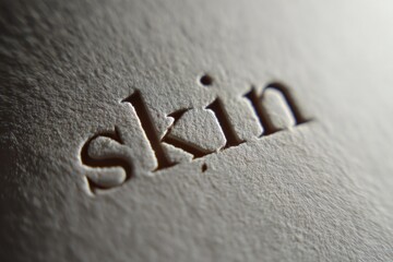 Extreme macro of the word "skin" typed on white aged paper, typewriter letterpress indentation clearly visible, organic paper structure, subtle ink imperfections, soft directional light, tactile
