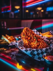 Delicious fried chicken served with fries in a neon-lit diner setting