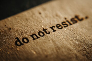 Top down extreme macro of the sentence "do not resist" typed on vintage paper stock, deep mechanical imprint, organic paper texture, dark ink imperfections, shallow depth of field, intimate mood