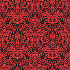 Vintage seamless red damask floral pattern with ornate victorian ornaments and baroque swirl leaf textures for antique vector wallpaper design