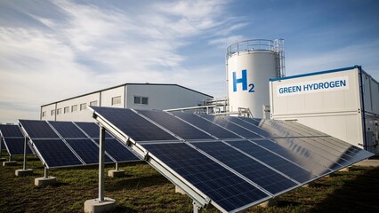 Solar panels for green hydrogen production in industrial plant with H2 tank and building on a sunny day with blue sky