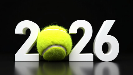 White "2026" digits rise against black, tennis ball as zero—radiating speed, clarity, and the pulse of a vibrant sports moment.

