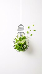 light bulb filled with green plants and leaves flying around symbolizing environmental protection and renewable energy idea