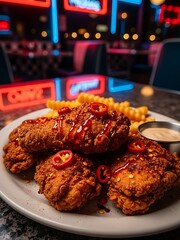 Fried chicken and fries on a plate in a neon-lit restaurant at night