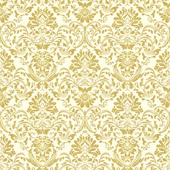 This elegant gold  damask pattern features intricate floral and ornamental details, perfect for fabric pattern, wallpaper, textiles, branding, luxury packaging, wedding invitations, and decor.