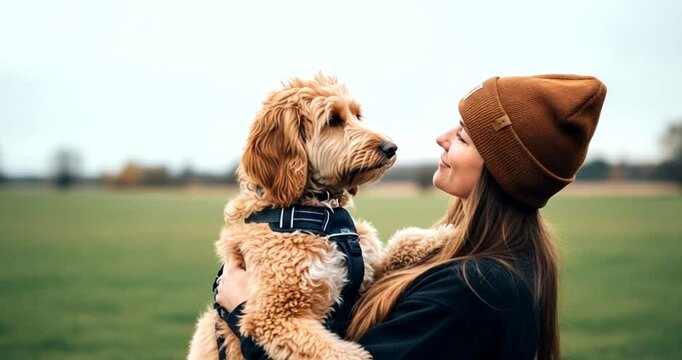 A young woman lovingly holds her golden doodle dog while standing in a grassy field