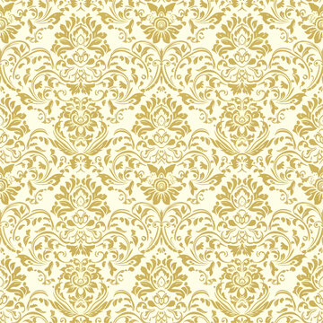 This elegant gold  damask pattern features intricate floral and ornamental details, perfect for fabric pattern, wallpaper, textiles, branding, luxury packaging, wedding invitations, and decor.