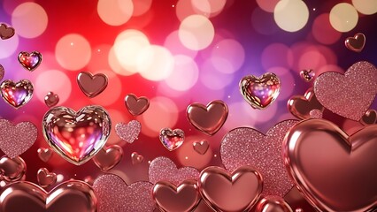 An enchanting scene featuring numerous metallic hearts floating in a vibrant, glowing background