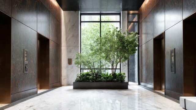 Elegant Lobby Interior with Marble Floors and Lush Indoor Greenery Featuring a Large Window and Harmonious Color Palette in a Contemporary Setting