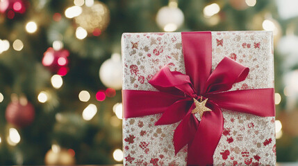Festive christmas gift box with a red bow and patterned wrapping, in front of a glowing christmas tree