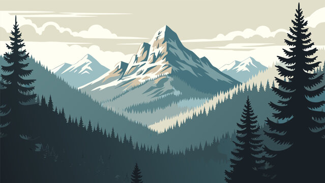 Panoramic outdoor scene showcasing majestic snow-capped mountain peaks rising above a dense pine forest valley, rendered in a modern vector art style