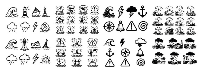 Naklejka premium Nautical symbols and weather icons