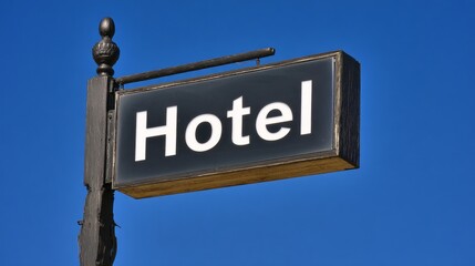 Bright blue skies create a stunning backdrop for a rustic hotel sign, beckoning guests to unwind and explore the charm of nearby attractions and comfortable accommodations