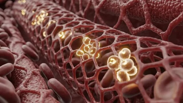 Close Up View Of Blood Cells Flowing Through Arteries Demonstrating Potential Blockages And Health Concerns