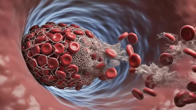Close Up View Of Blood Clot In Artery With Red Blood Cells Flowing Through Vascular System