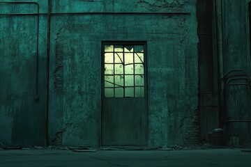 Obraz premium Grungy teal industrial wall with a central, aged metal door