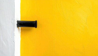 Black pipe element protruding from white wall into a textured yellow surface