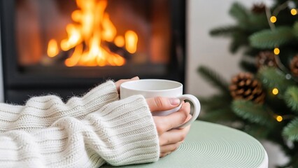 cozy scene with person holding warm mug of hot beverage near fireplace and decorated christmas tree with bokeh lights for winter holidays comfort
