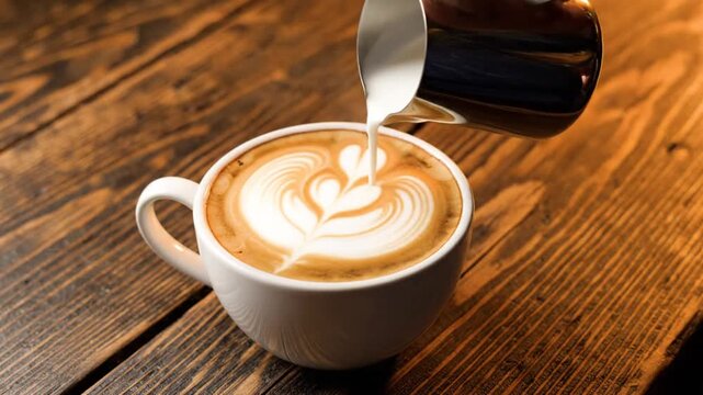 Cream Being Poured into Fresh Coffee in White Ceramic Mug on Rustic Wooden Table Creating Artistic Designs for Coffee Ads or Daily Morning Rituals