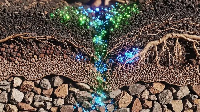 Cross Section of Soil Layers with Glowing Blue and Green Particles Flowing Downwards Near Plant Roots