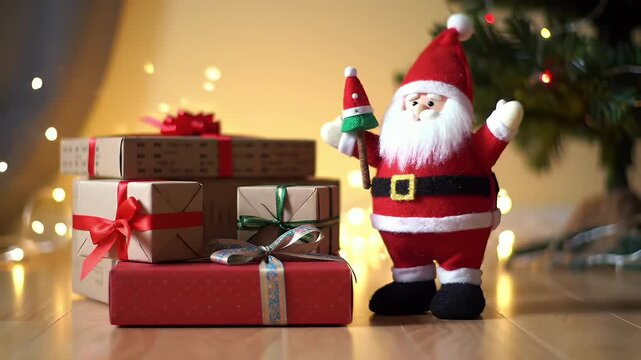 Festive Santa Claus Figurine and Stack of Christmas Presents by Lit Tree