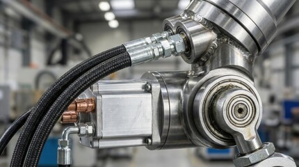 Obraz premium Close Up of Industrial Robotic Arm With Hydraulic and Power Lines