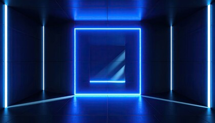 Futuristic hallway with glowing blue square and vertical neon lights