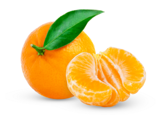 Ripe tangerine fruits and peeled half with leaf. Fresh mandarin fruit with leaves on white background. Not AI.