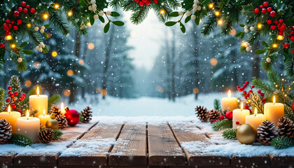 Cozy Christmas winter background with candles, pine branches, berries and snowy forest copy space
