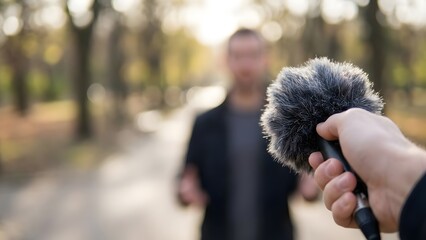 Man being filmed or recorded outdoors.