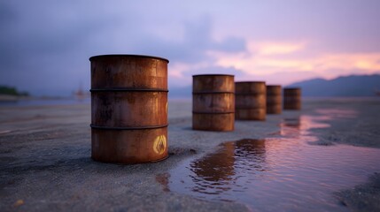 Obraz premium Rusty barrels sit on a sandy shore at twilight reflecting in shallow water