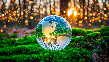Crystal earth globe on lush green mossy forest floor with golden sunset bokeh
