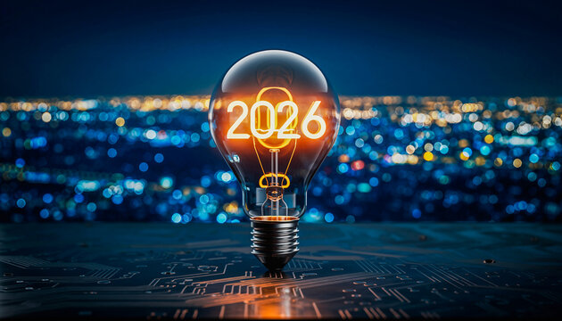 Glowing glass light bulb with 2026 filament against a blurred city night background
