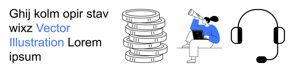 Finance, communication, remote work, online support, investments, digital tools. Stacked coins, a seated person with a telescope a headset. Finance and communication concept
