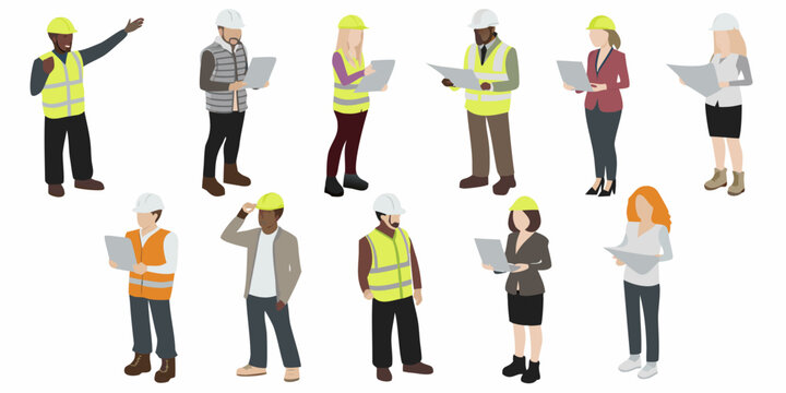 Diverse construction team reviewing plans and collaborating on a project site - Powered by Adobe